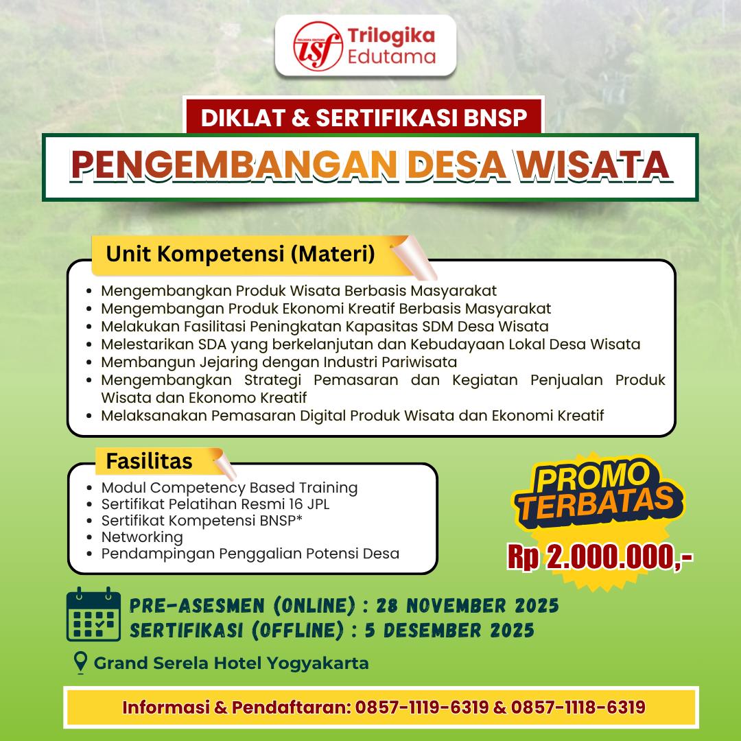 FULL PROMO!! SERTIFIKASI BNSP PENGEMBANGAN DESA WISATA 2025